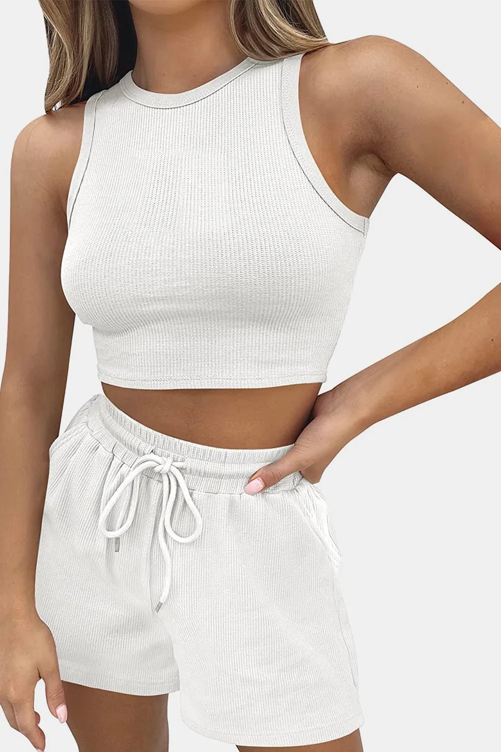 Round Neck Top and Drawstring Shorts Set - R - DRESS