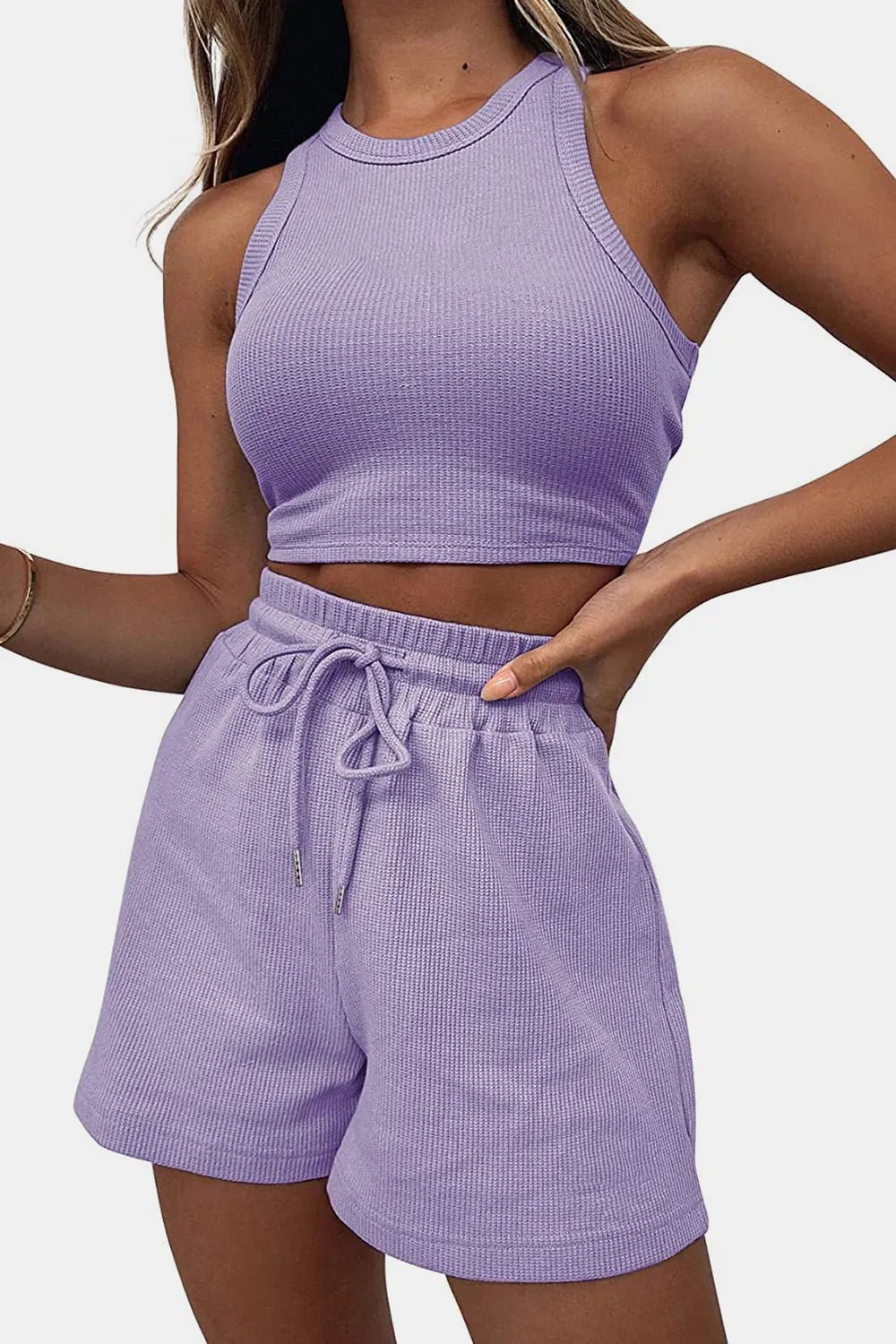 Round Neck Top and Drawstring Shorts Set - R - DRESS