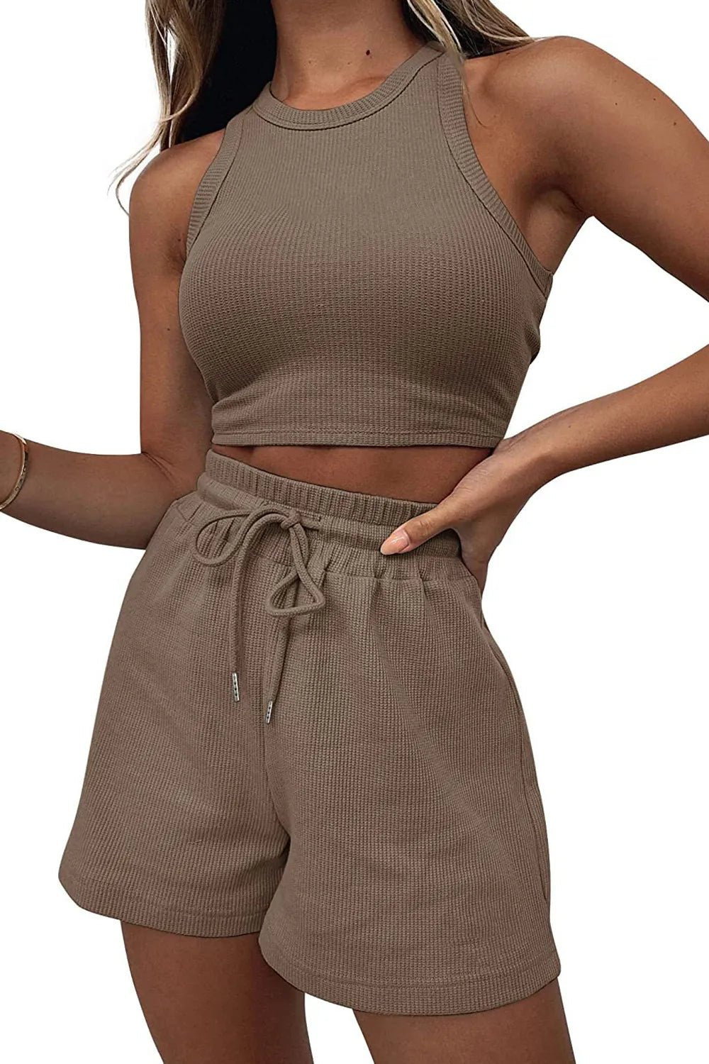 Round Neck Top and Drawstring Shorts Set - R - DRESS