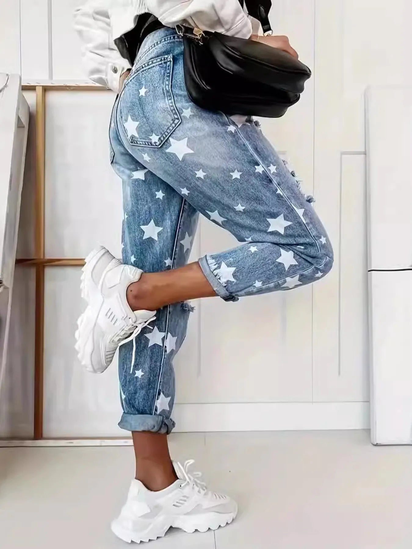 Star Print Distressed High Waist Boyfriend Jeans - R - DRESS