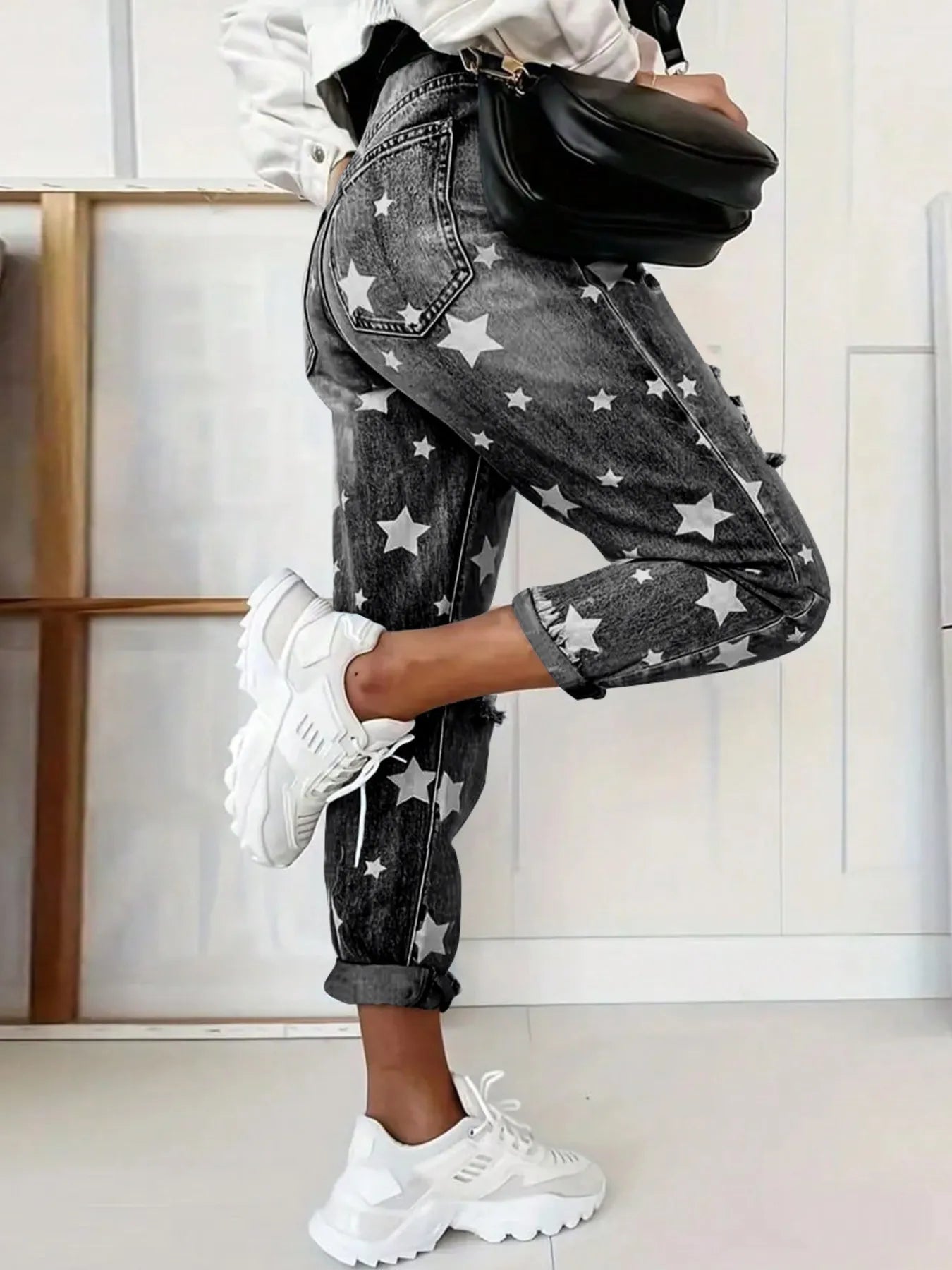 Star Print Distressed High Waist Boyfriend Jeans - R - DRESS