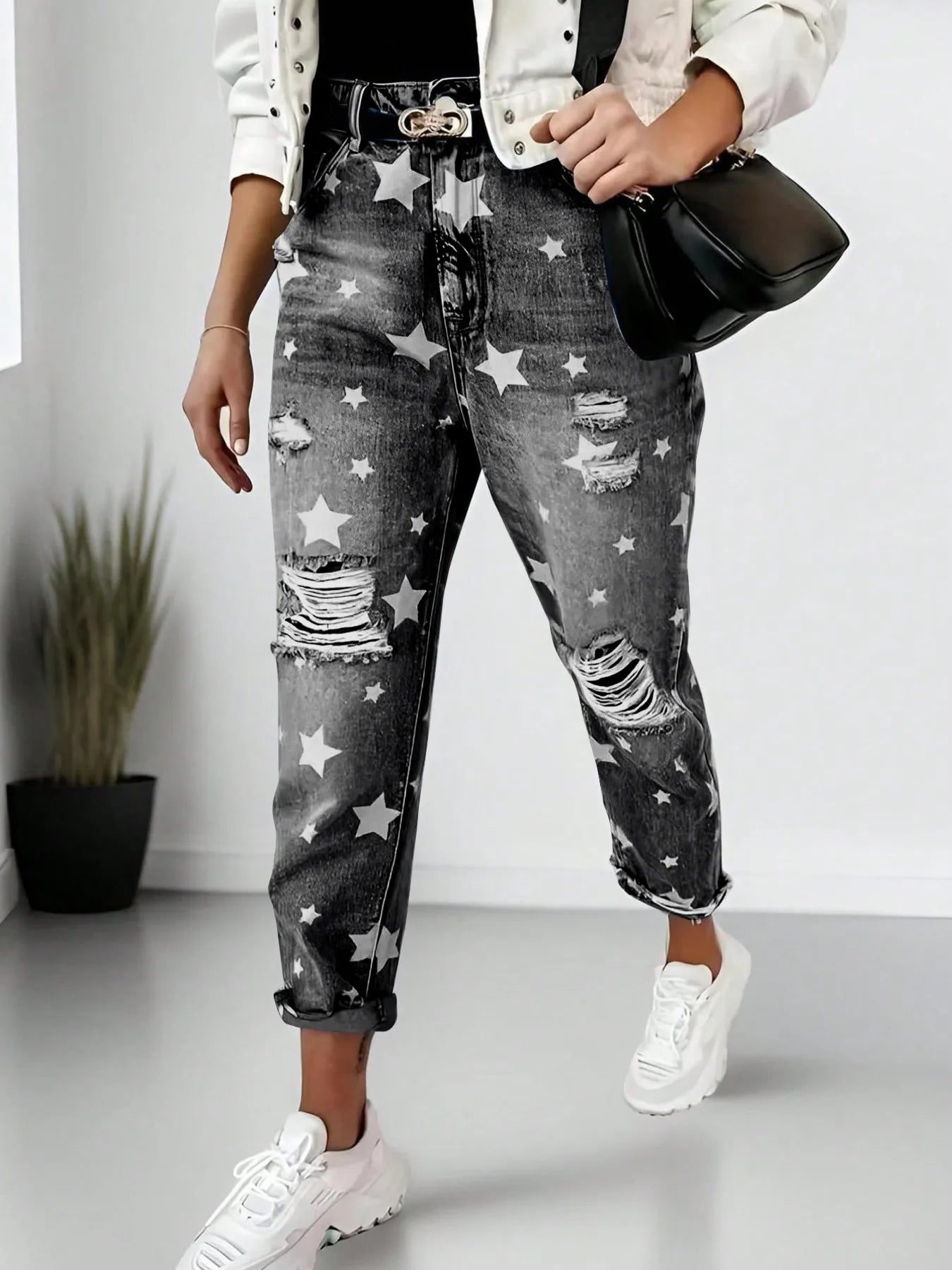 Star Print Distressed High Waist Boyfriend Jeans - R - DRESS