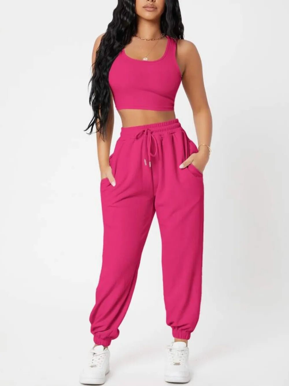 Wide Strap Top and Drawstring Joggers Set - R - DRESS