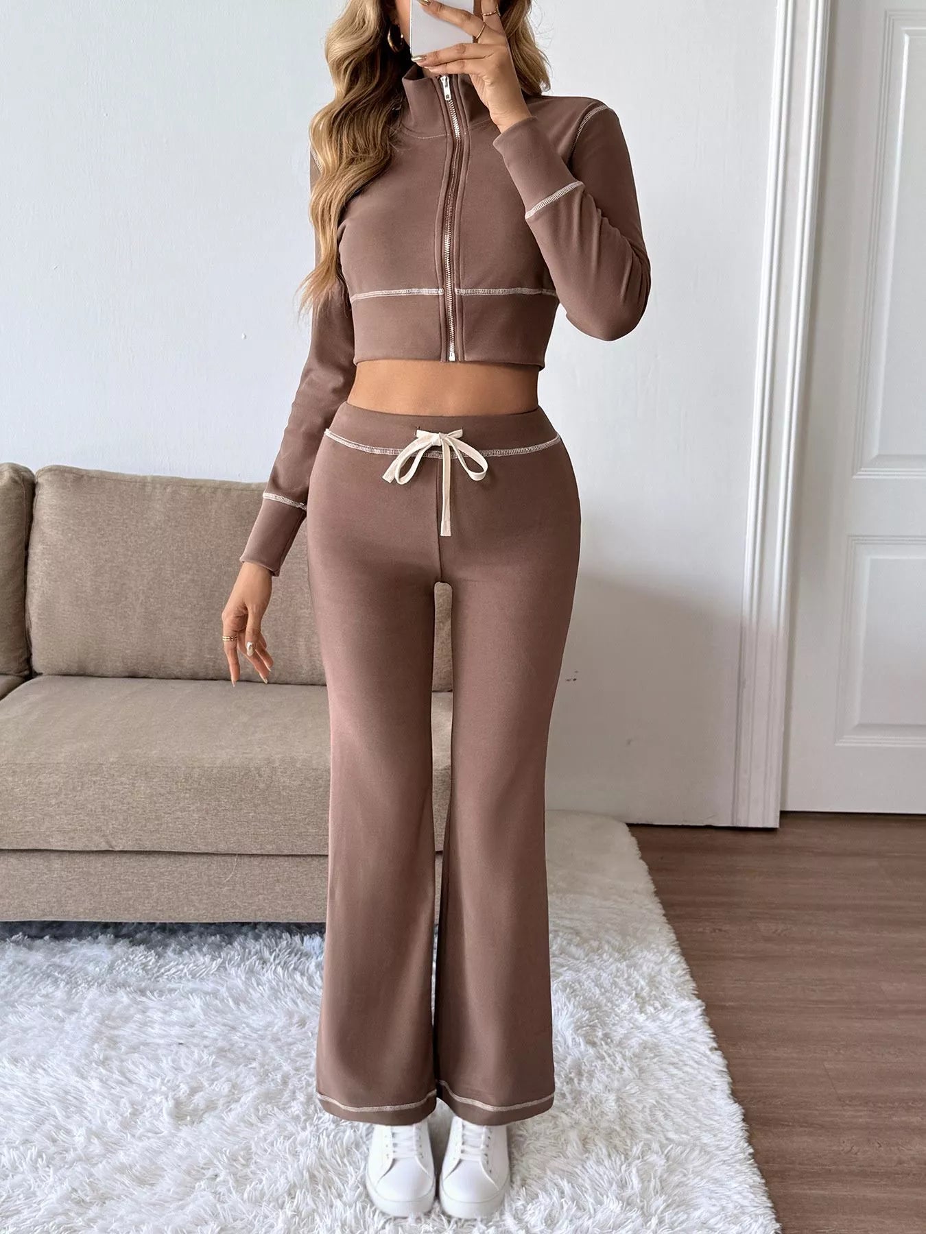 Zip Up Long Sleeve Top and Pants Set - R - DRESS