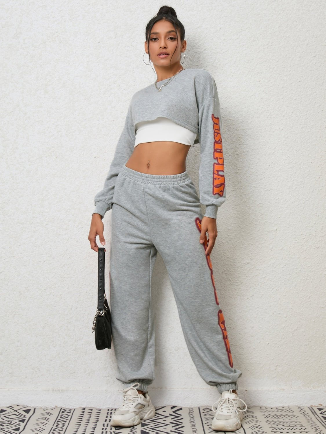 Cropped Sweatshirt and Sweatpants Set - R - DRESS