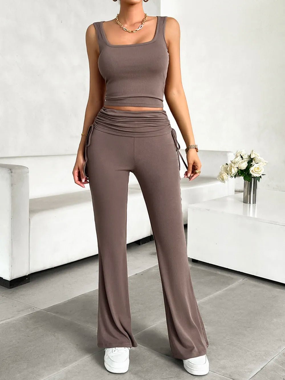 Devine Square Neck Tank and Drawstring Pants Set - R - DRESS