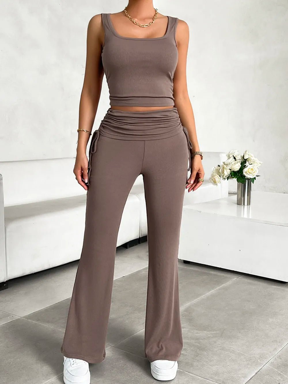 Devine Square Neck Tank and Drawstring Pants Set - R - DRESS