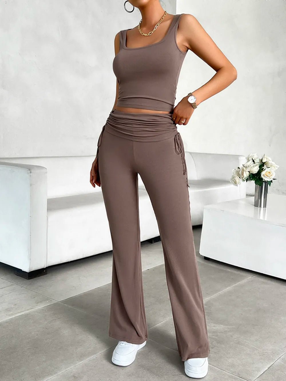 Devine Square Neck Tank and Drawstring Pants Set - R - DRESS