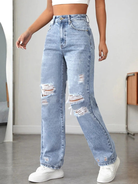 Distressed High Waisted Jeans - R - DRESS