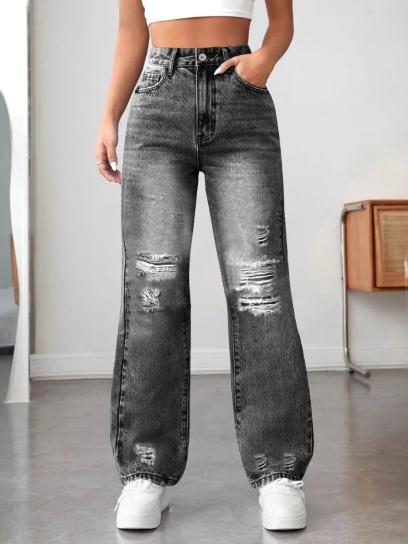 Distressed High Waisted Jeans - R - DRESS