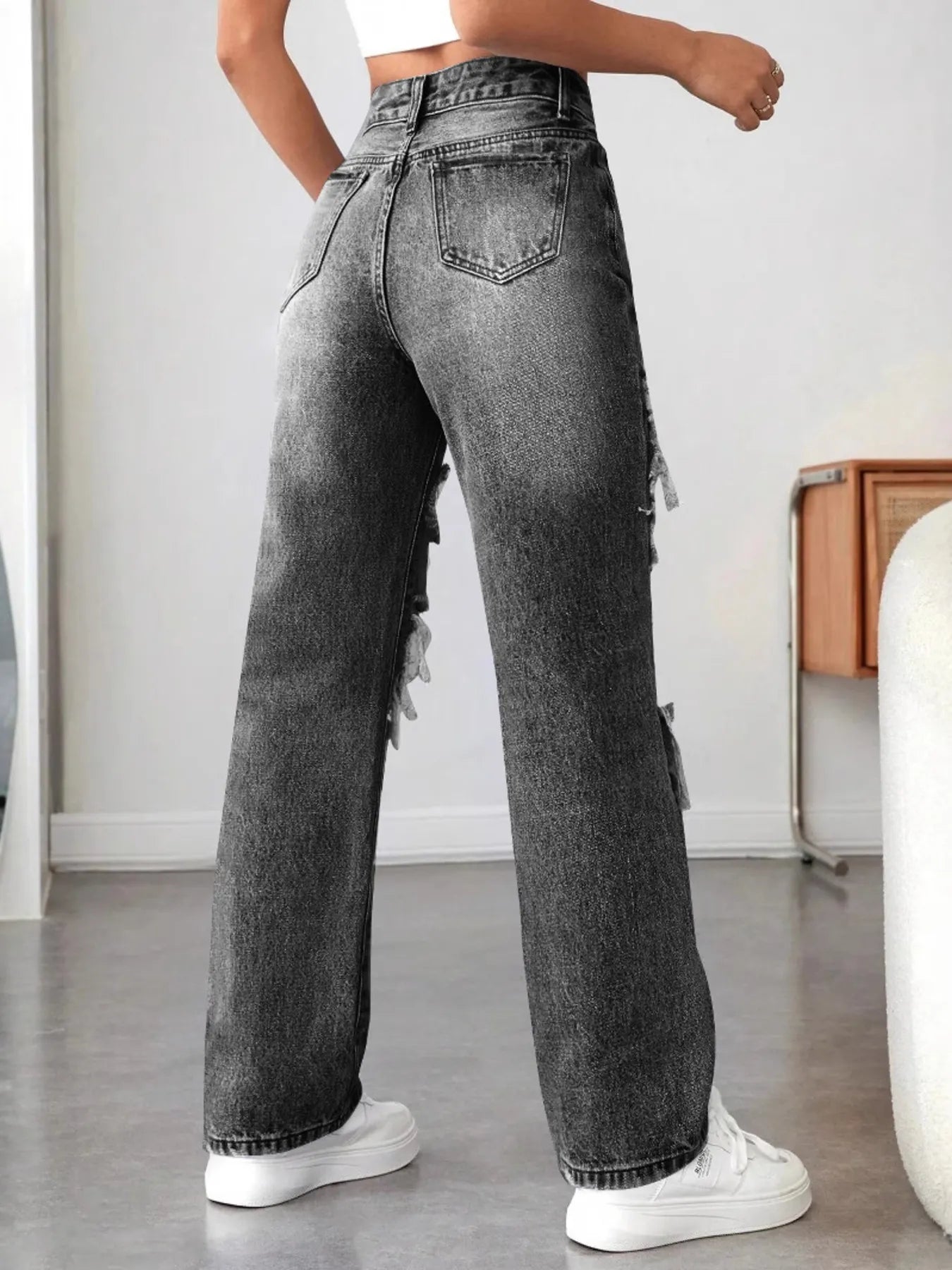 Distressed High Waisted Jeans - R - DRESS