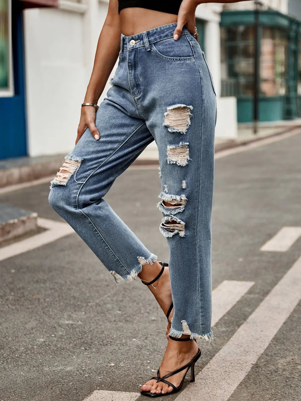 Distressed Raw Hem Jeans with Pockets - R - DRESS