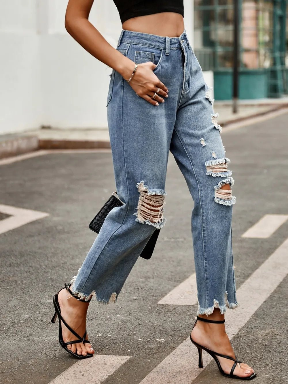 Distressed Raw Hem Jeans with Pockets - R - DRESS