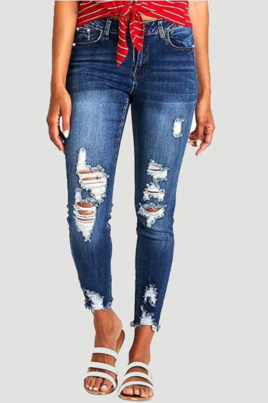 Distressed Raw Hem Jeans with Pockets - R - DRESS
