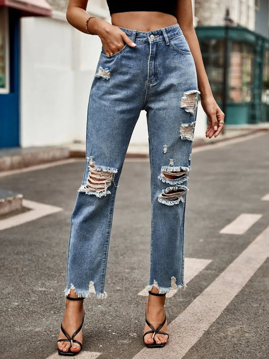 Distressed Raw Hem Jeans with Pockets - R - DRESS