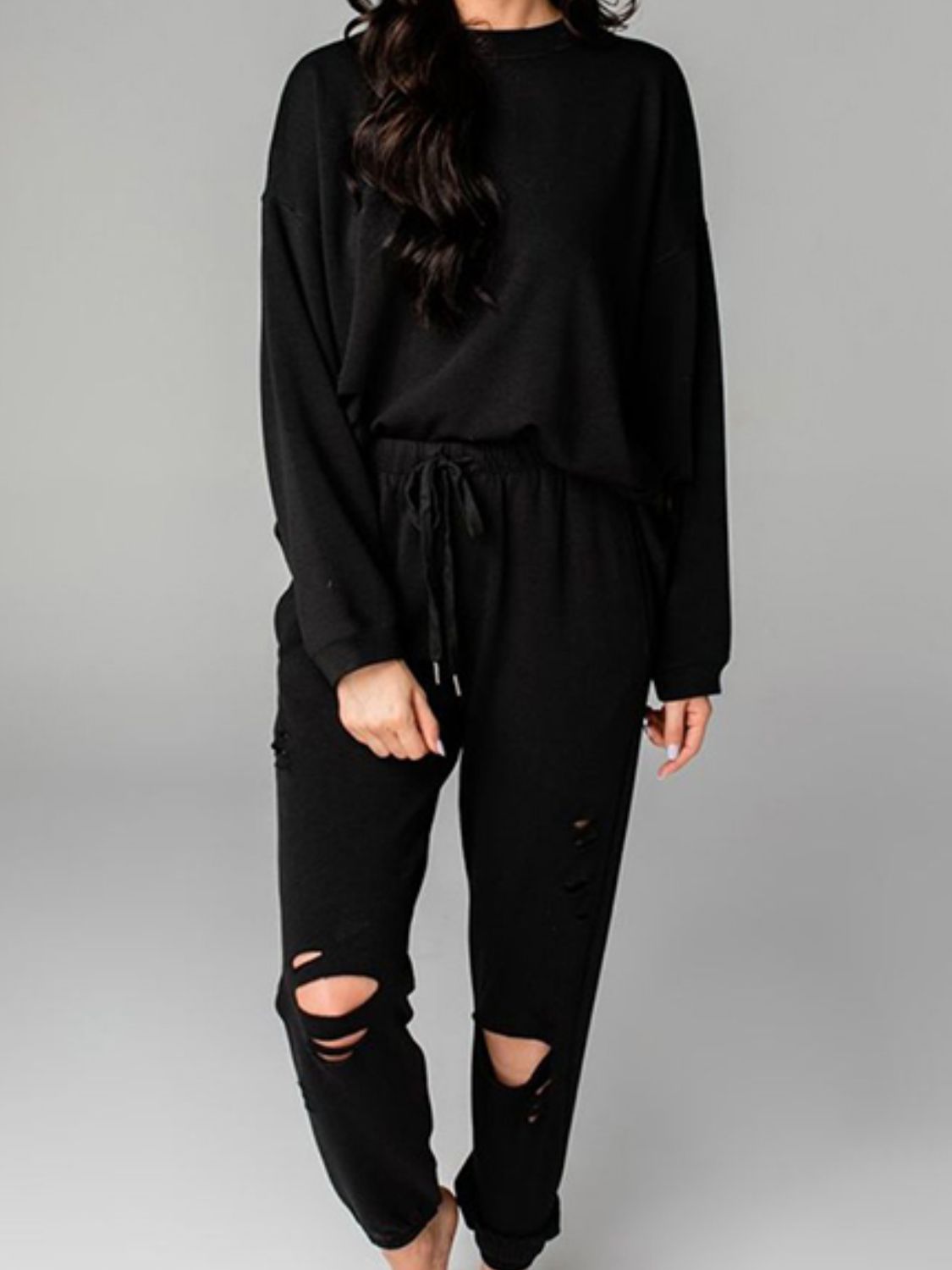 Distressed Sweatshirt and Joggers Set - R - DRESS