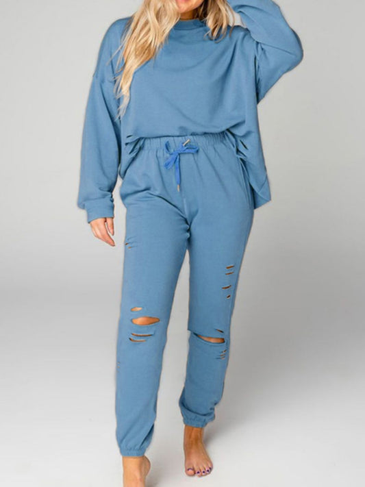 Distressed Sweatshirt and Joggers Set - R - DRESS