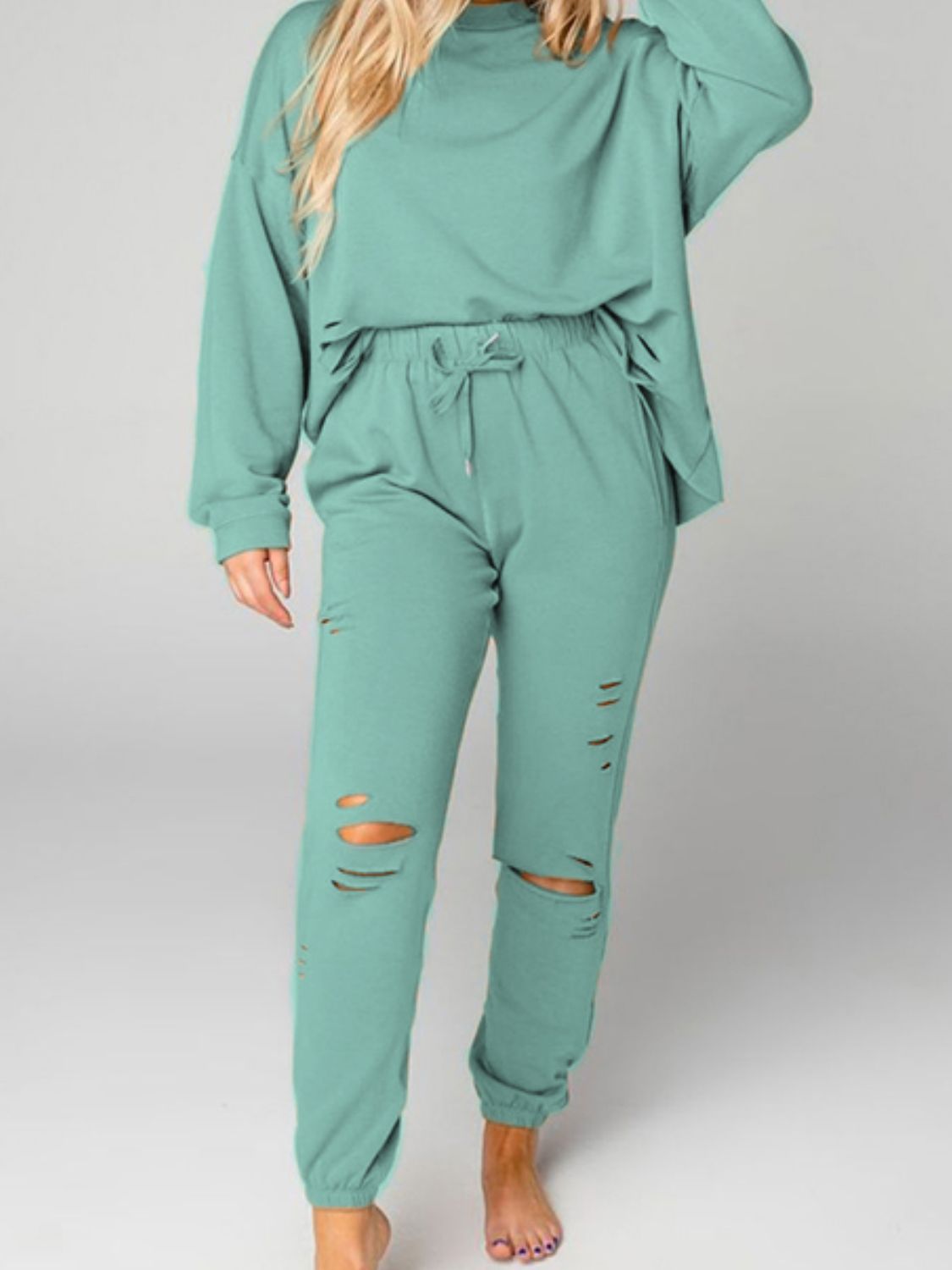 Distressed Sweatshirt and Joggers Set - R - DRESS