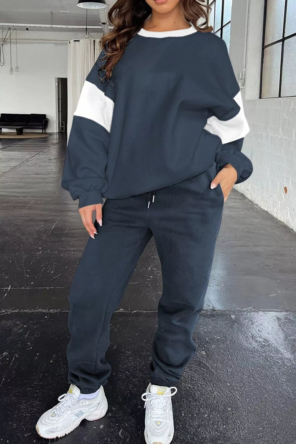 Drop Shoulder Loose Sweatshirt and Joggers Active Set - R - DRESS