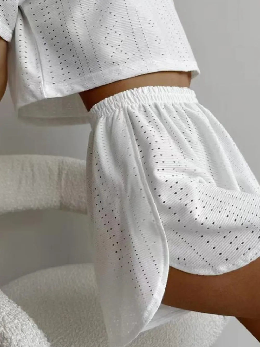 Eyelet Round Neck Top and Shorts Set - R - DRESS