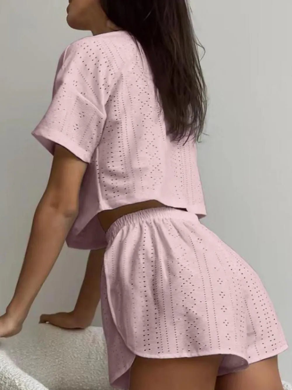 Eyelet Round Neck Top and Shorts Set - R - DRESS