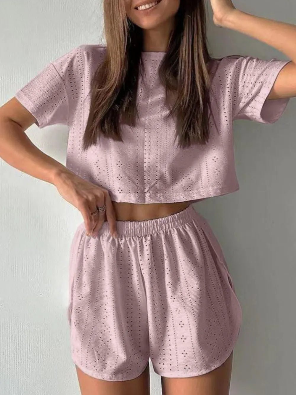 Eyelet Round Neck Top and Shorts Set - R - DRESS