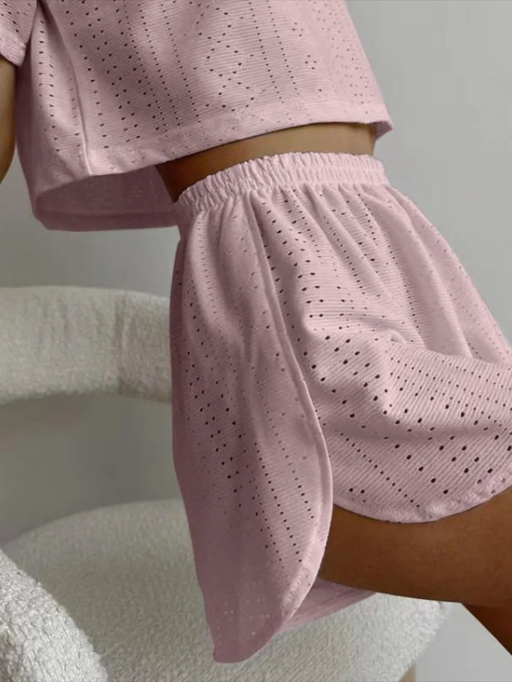 Eyelet Round Neck Top and Shorts Set - R - DRESS