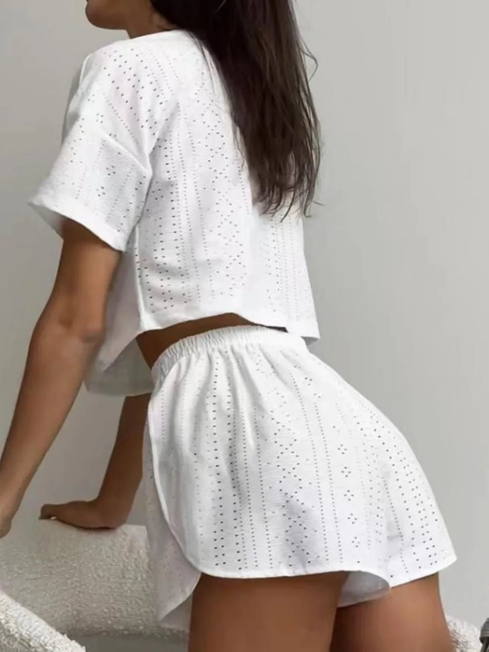 Eyelet Round Neck Top and Shorts Set - R - DRESS