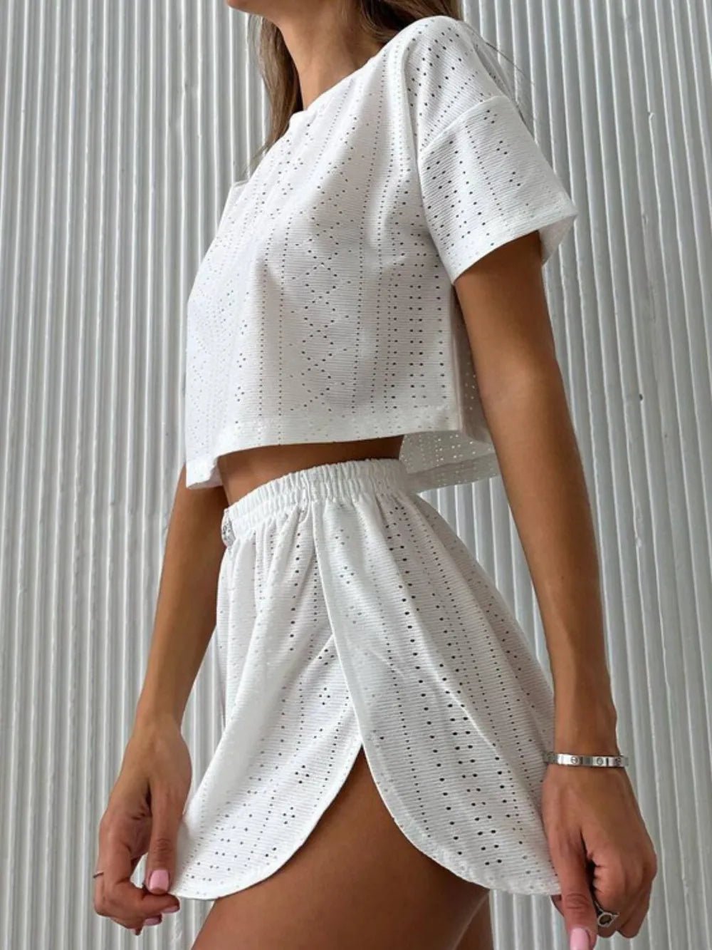 Eyelet Round Neck Top and Shorts Set - R - DRESS