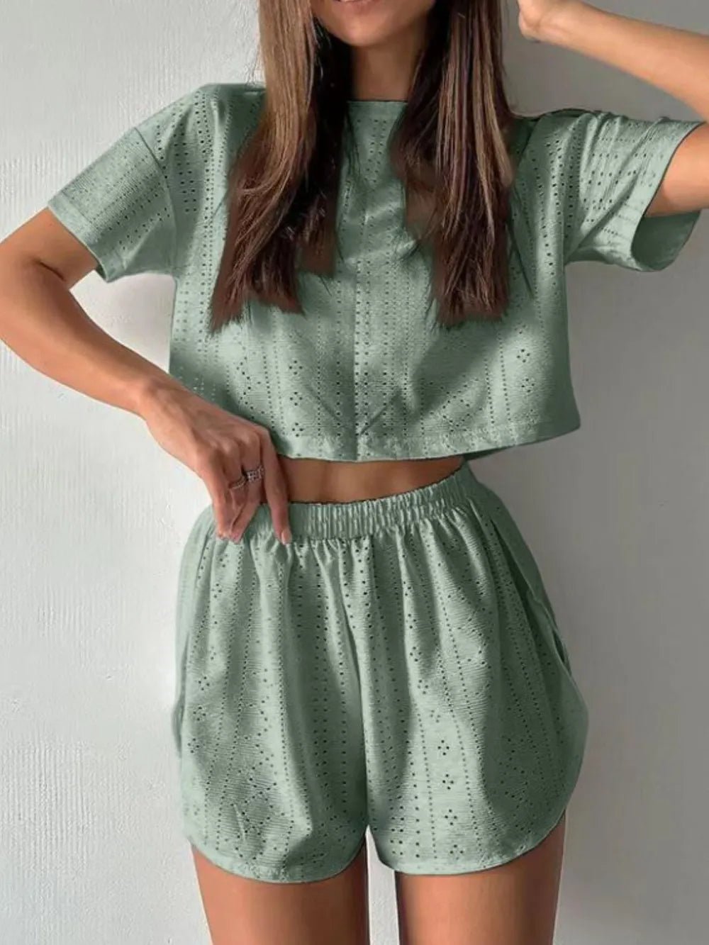 Eyelet Round Neck Top and Shorts Set - R - DRESS