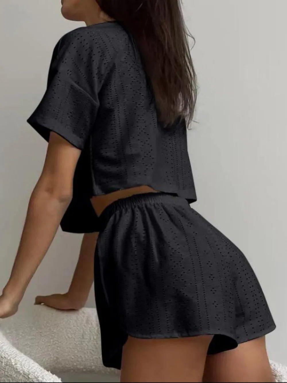 Eyelet Round Neck Top and Shorts Set - R - DRESS