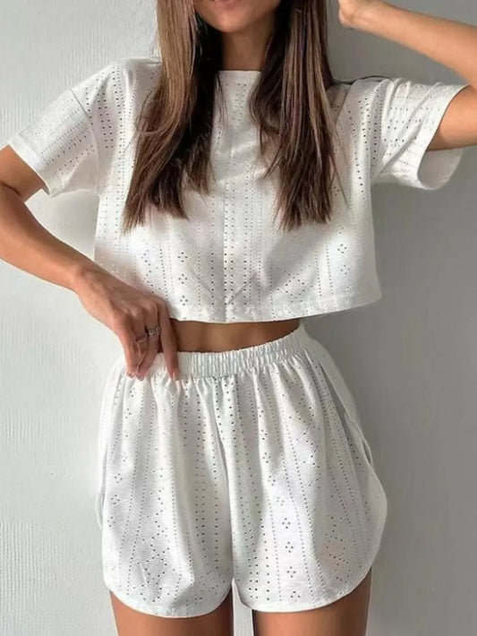 Eyelet Round Neck Top and Shorts Set - R - DRESS