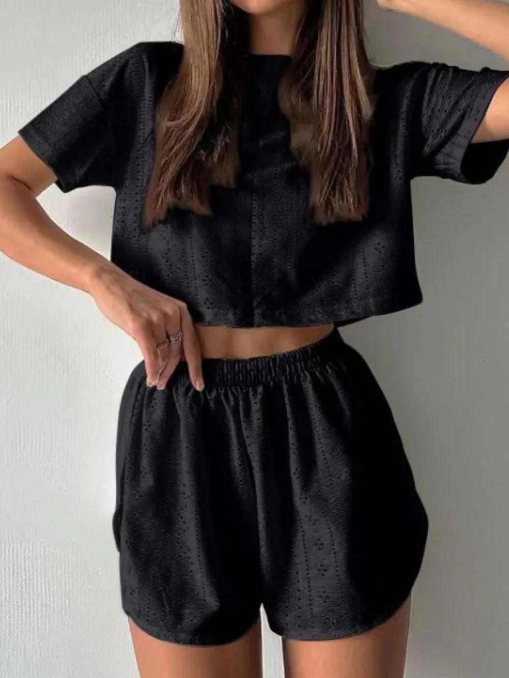 Eyelet Round Neck Top and Shorts Set - R - DRESS