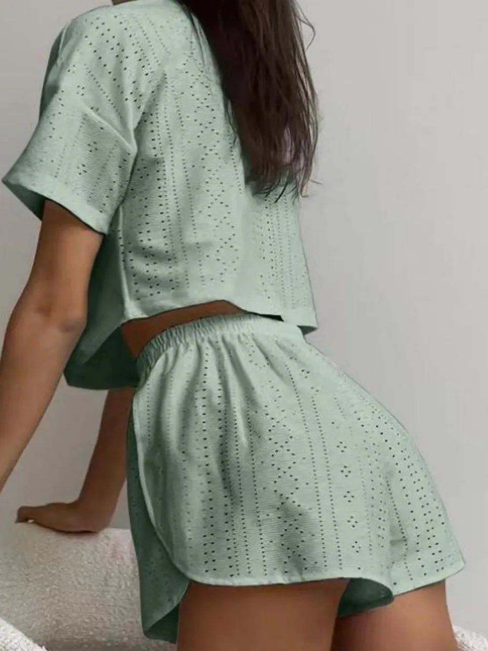 Eyelet Round Neck Top and Shorts Set - R - DRESS