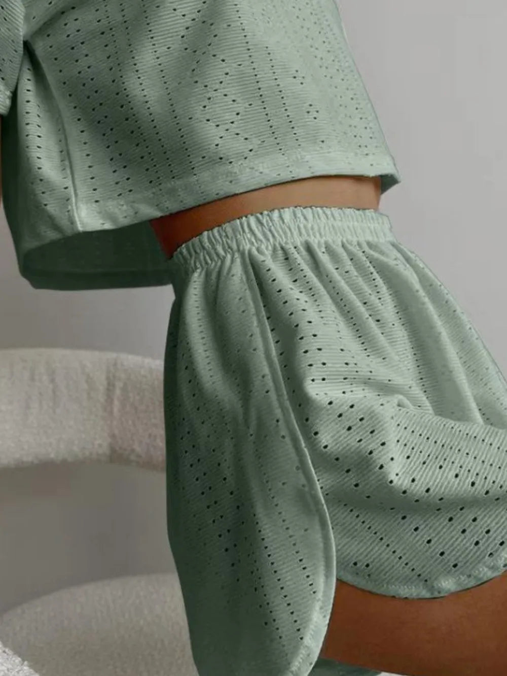 Eyelet Round Neck Top and Shorts Set - R - DRESS