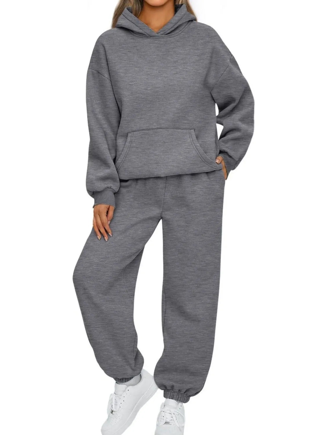 Full Size Kangaroo Pocket Hoodie and Joggers Set Plus Size - R - DRESS