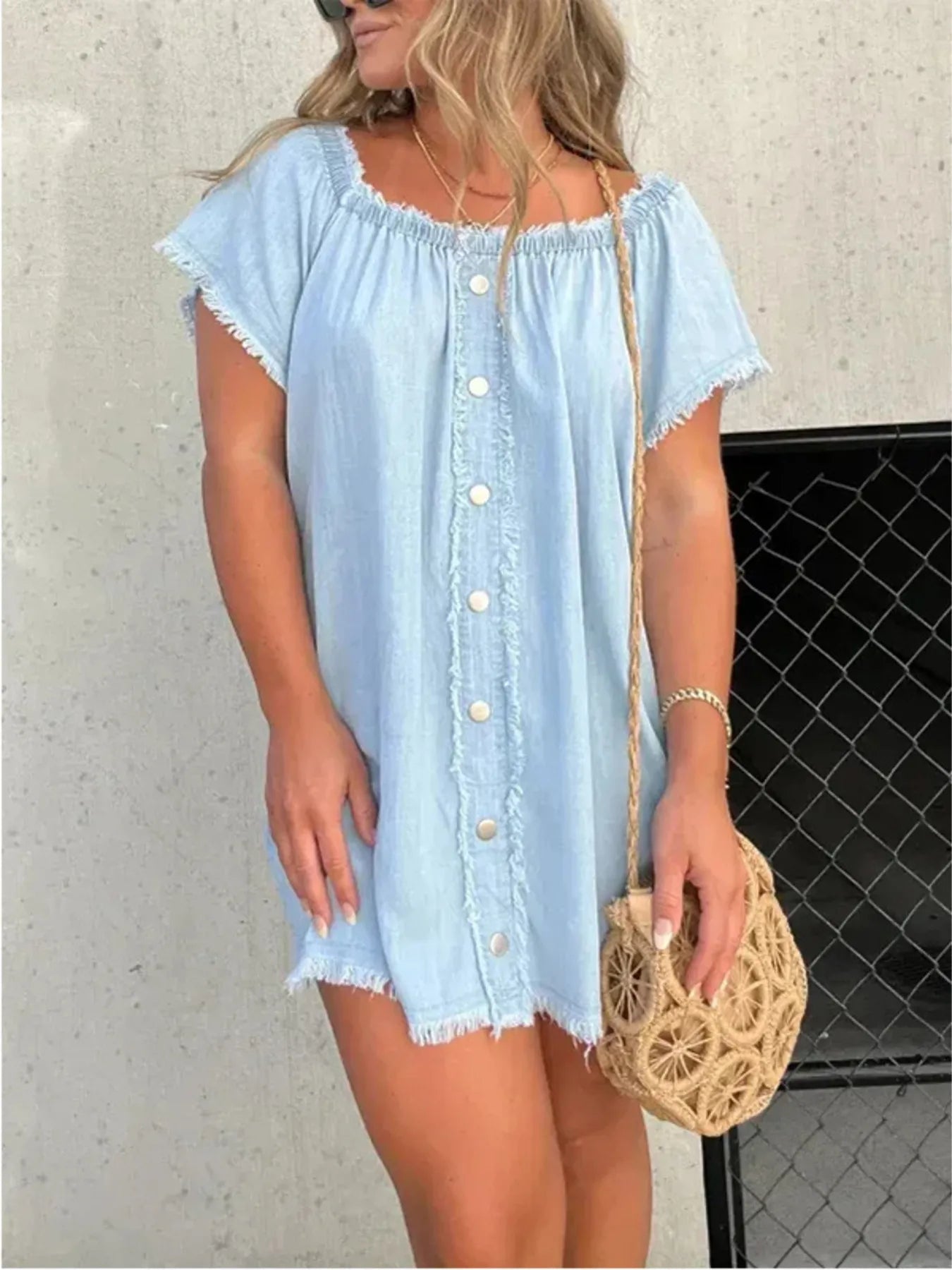 Full Size Raw Hem Mini Denim Dress Plus Size - R - DRESS
