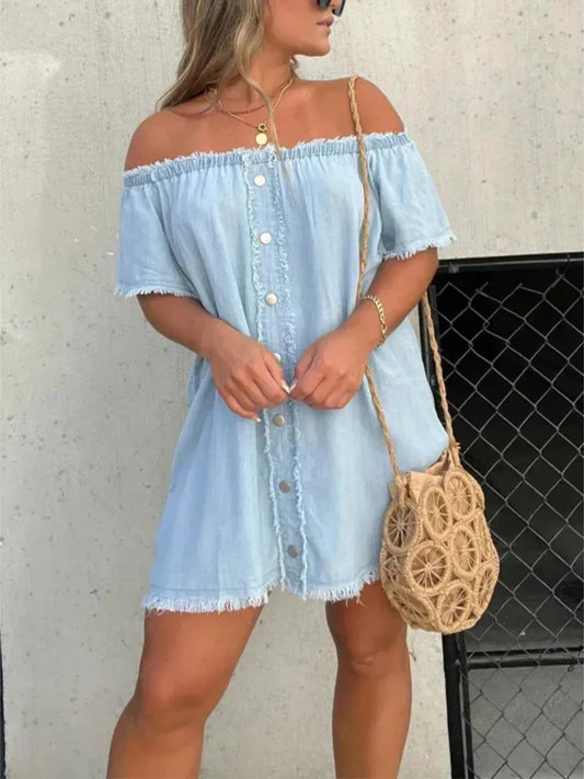 Full Size Raw Hem Mini Denim Dress Plus Size - R - DRESS
