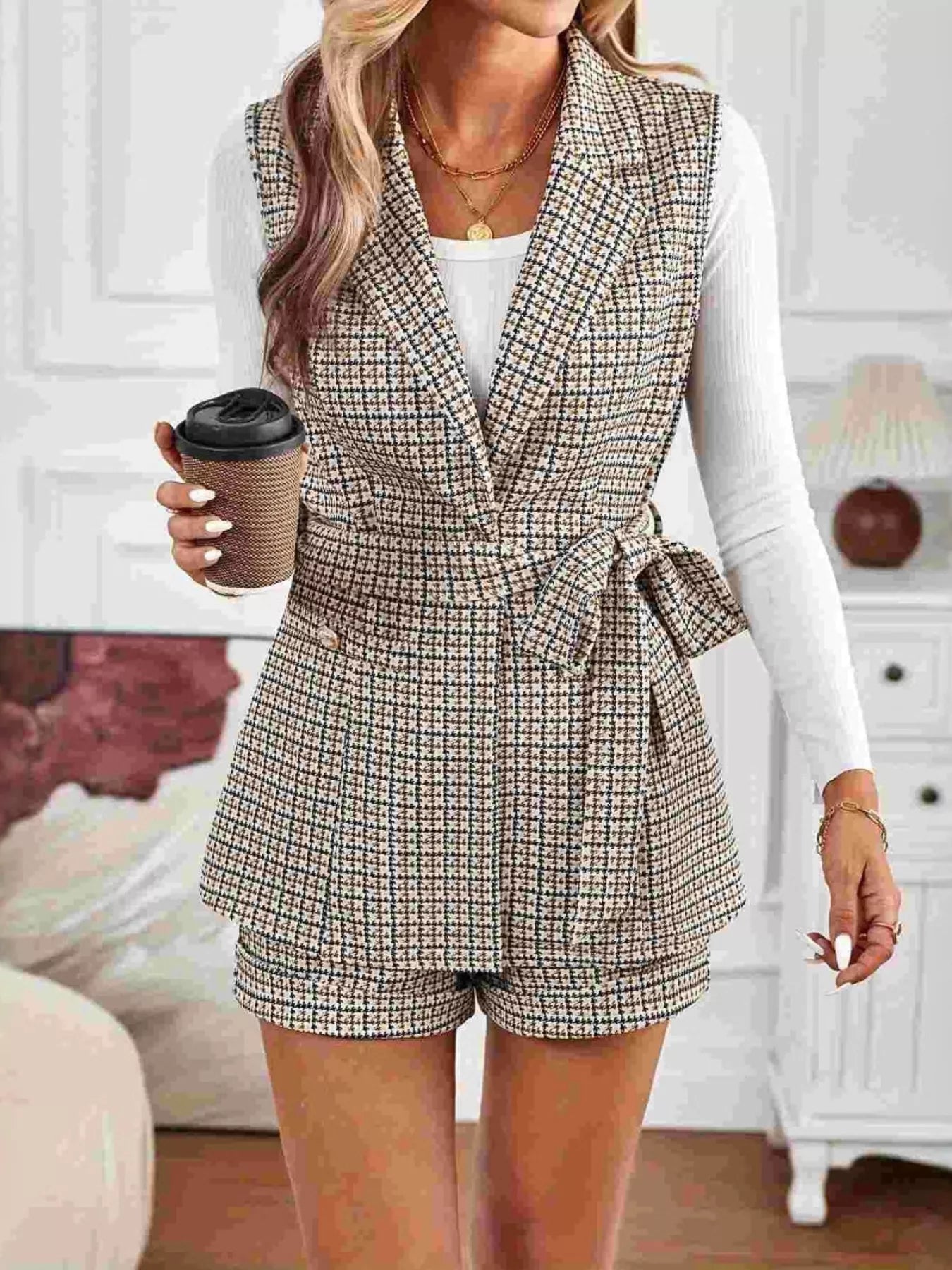 Houndstooth Lapel Collar Vest Coat and Shorts Set - R - DRESS