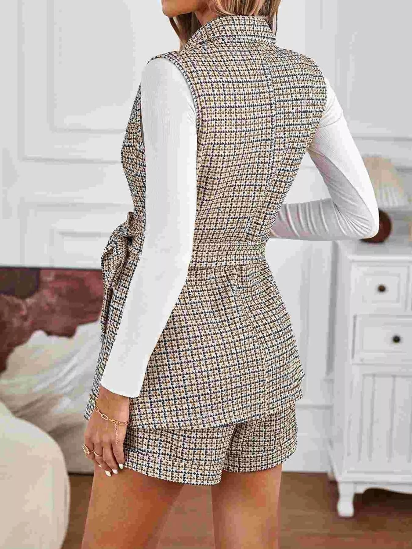 Houndstooth Lapel Collar Vest Coat and Shorts Set - R - DRESS