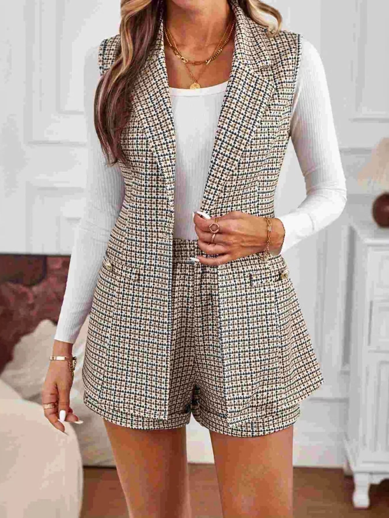 Houndstooth Lapel Collar Vest Coat and Shorts Set - R - DRESS