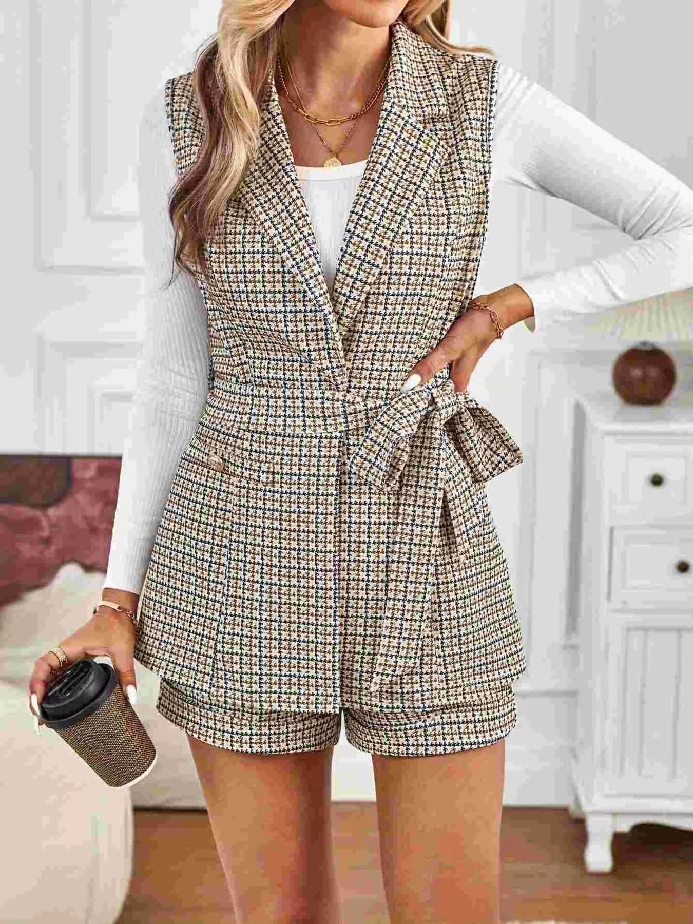 Houndstooth Lapel Collar Vest Coat and Shorts Set - R - DRESS