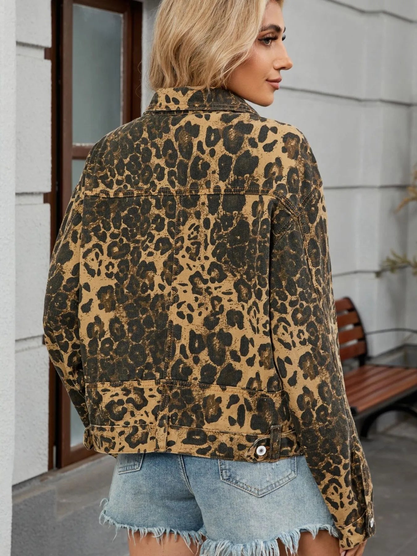 Leopard Print Button Up Denim Jacket - R - DRESS
