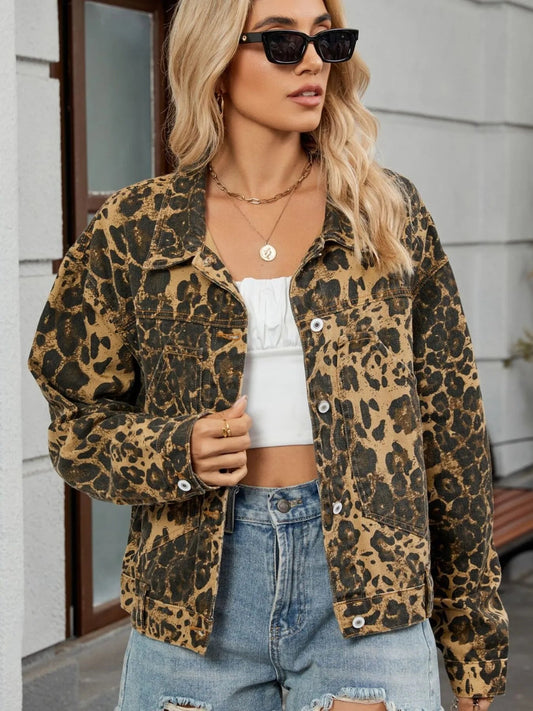 Leopard Print Button Up Denim Jacket - R - DRESS