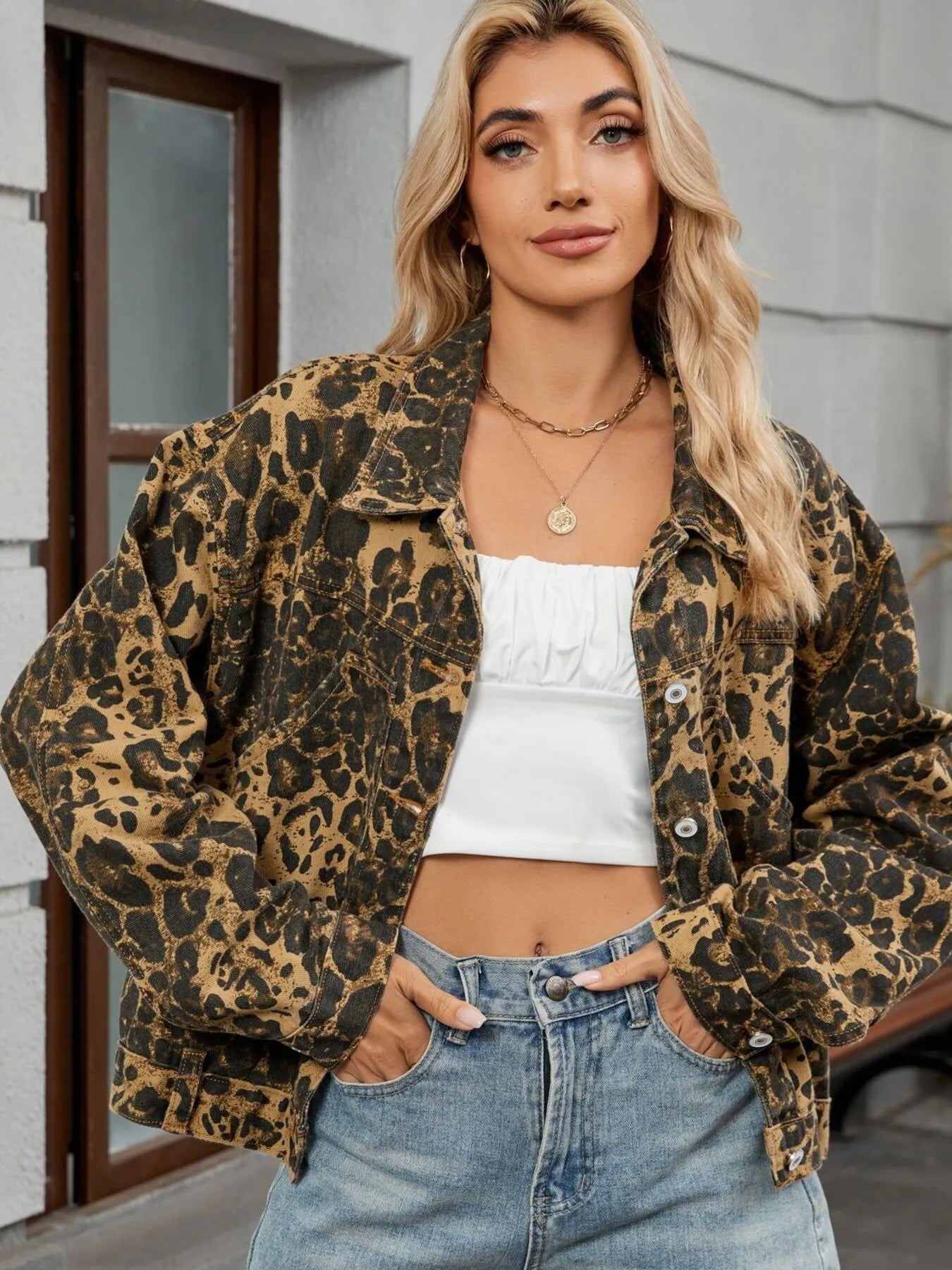 Leopard Print Button Up Denim Jacket - R - DRESS