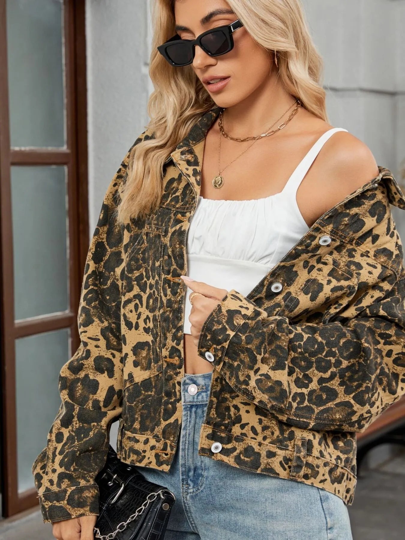 Leopard Print Button Up Denim Jacket - R - DRESS
