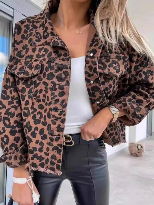 Leopard Print Raw Hem Denim Jacket - R - DRESS