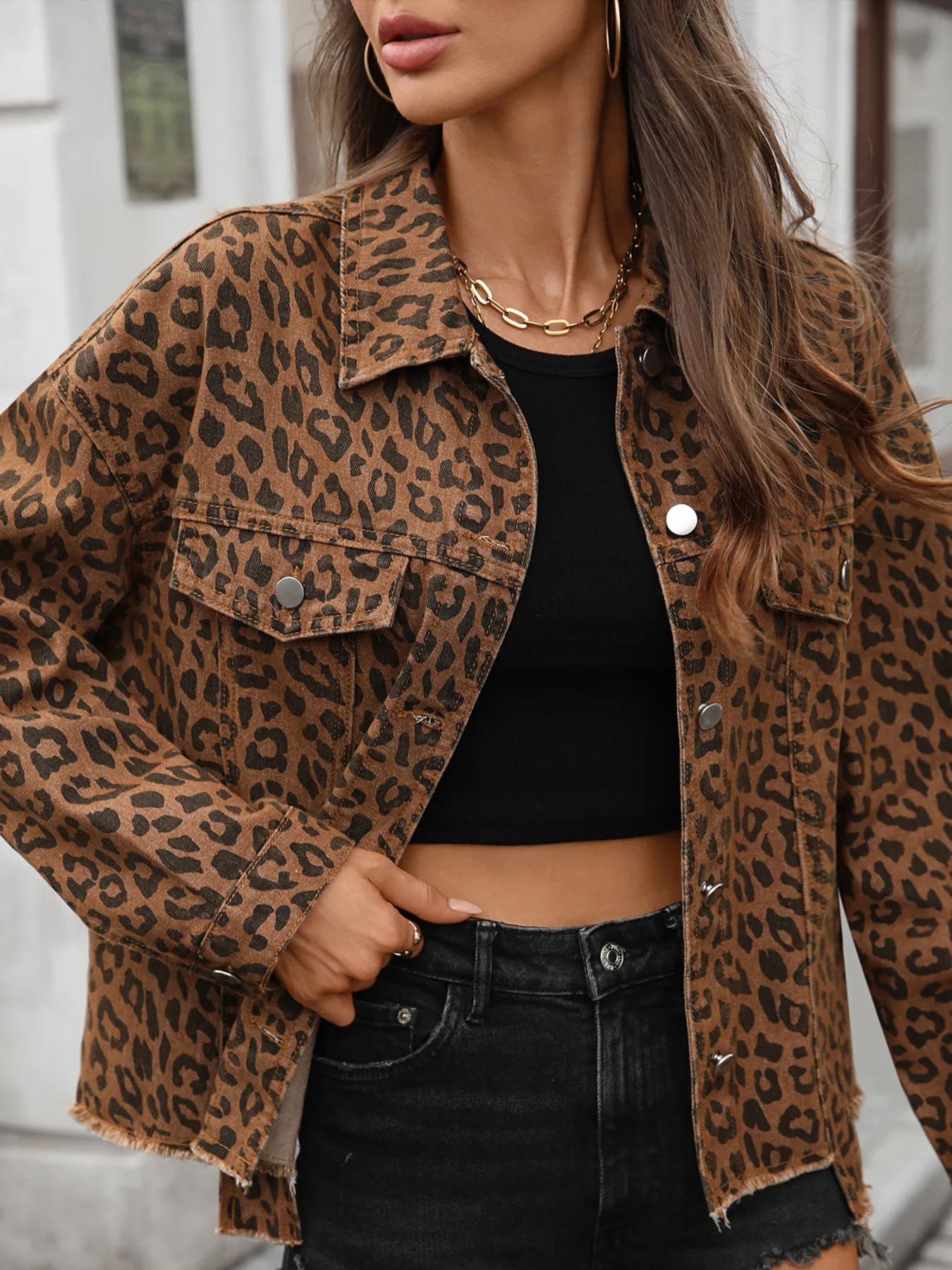 Leopard Print Raw Hem Denim Jacket - R - DRESS