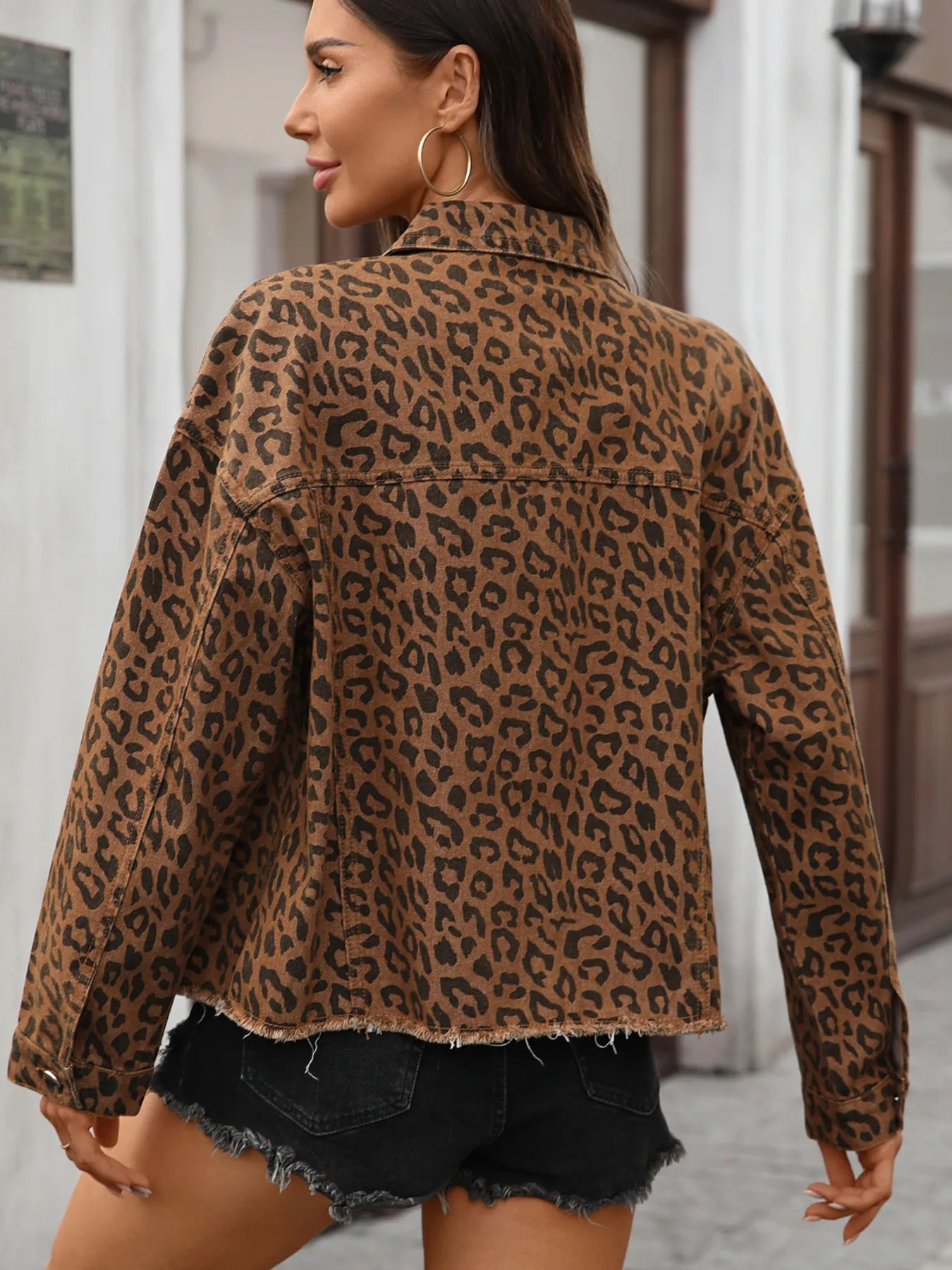 Leopard Print Raw Hem Denim Jacket - R - DRESS