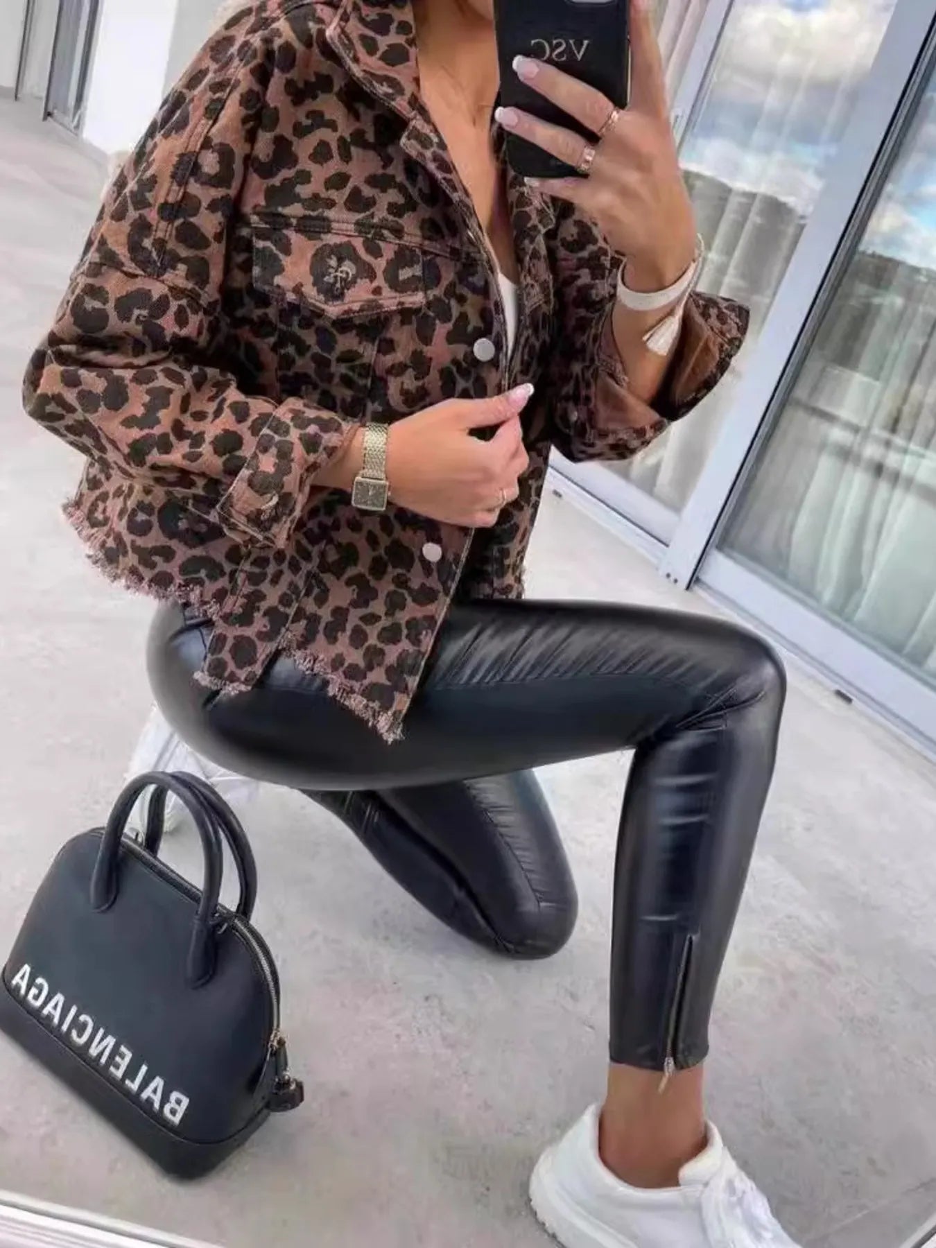 Leopard Print Raw Hem Denim Jacket - R - DRESS